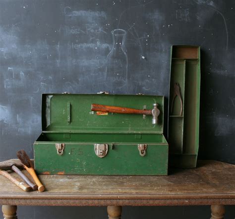 vintage metal tool box with leather habdle|Vintage Tool Box for sale .